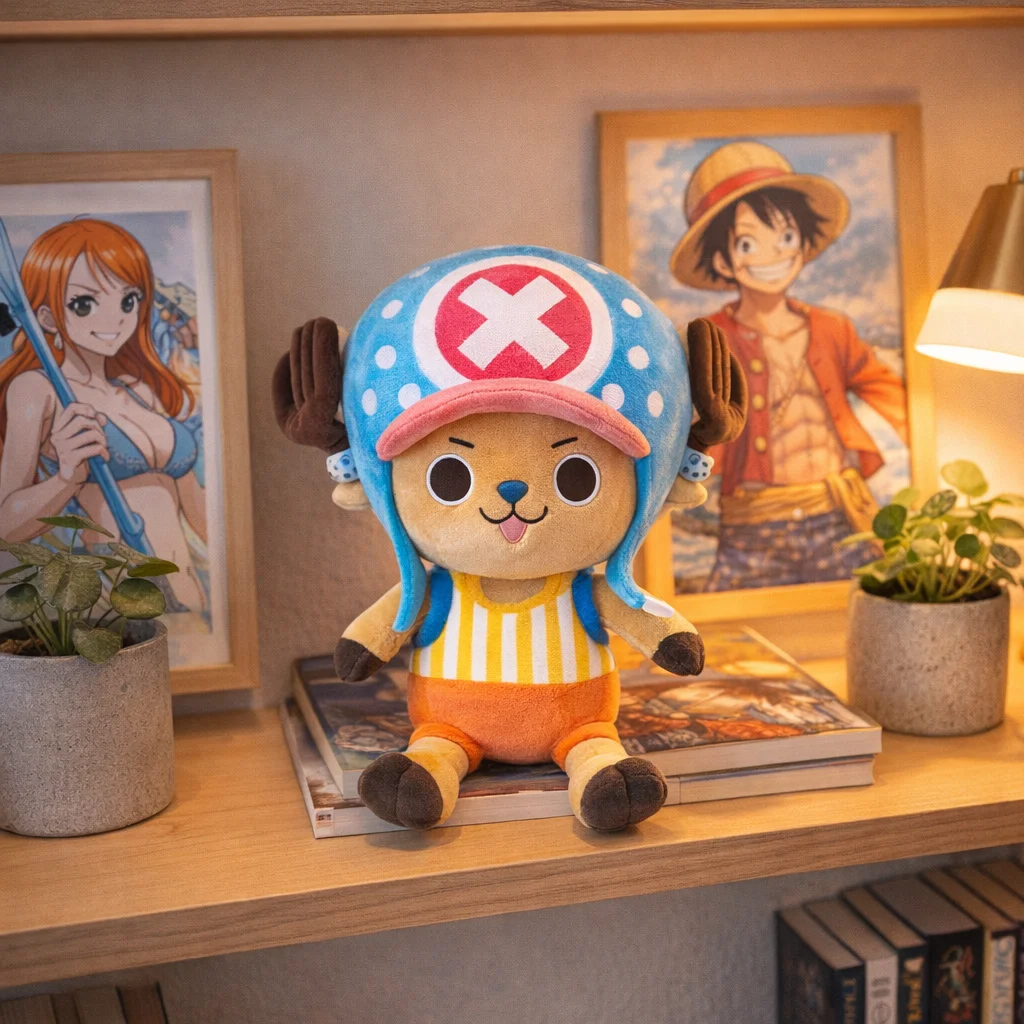 Tony Tony Chopper plush figure displayed on an anime fan's shelf, buy chopper anime plush online