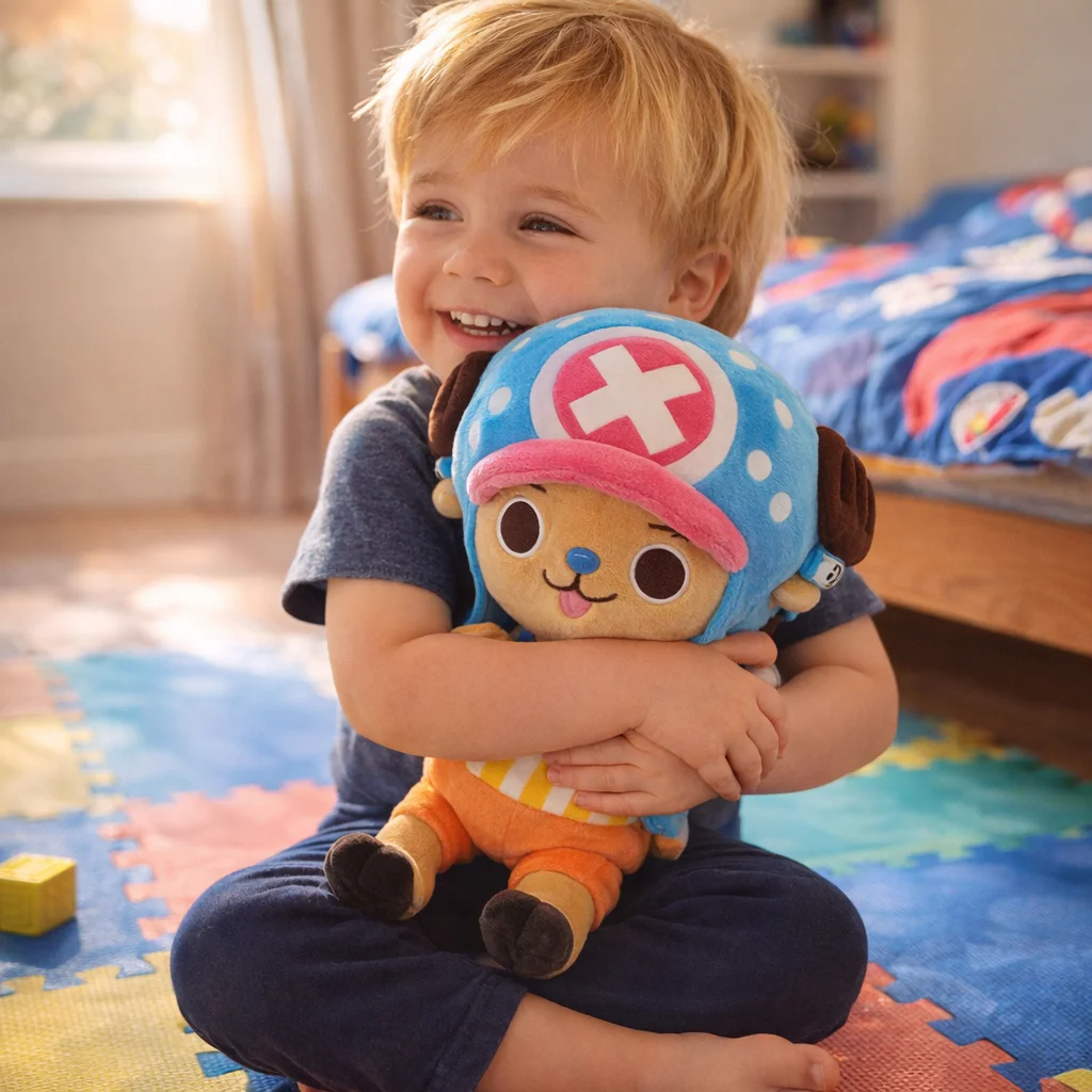 Child hugging Tony Tony Chopper stuffed animal, one piece plush toy for kids