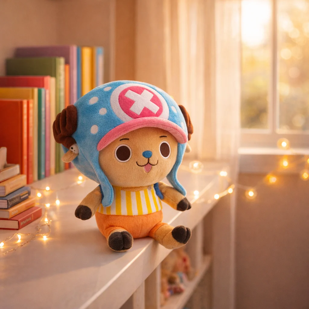 Tony Tony Chopper plush toy displayed on a child's bedroom shelf, one piece plush figure in a cozy home setting